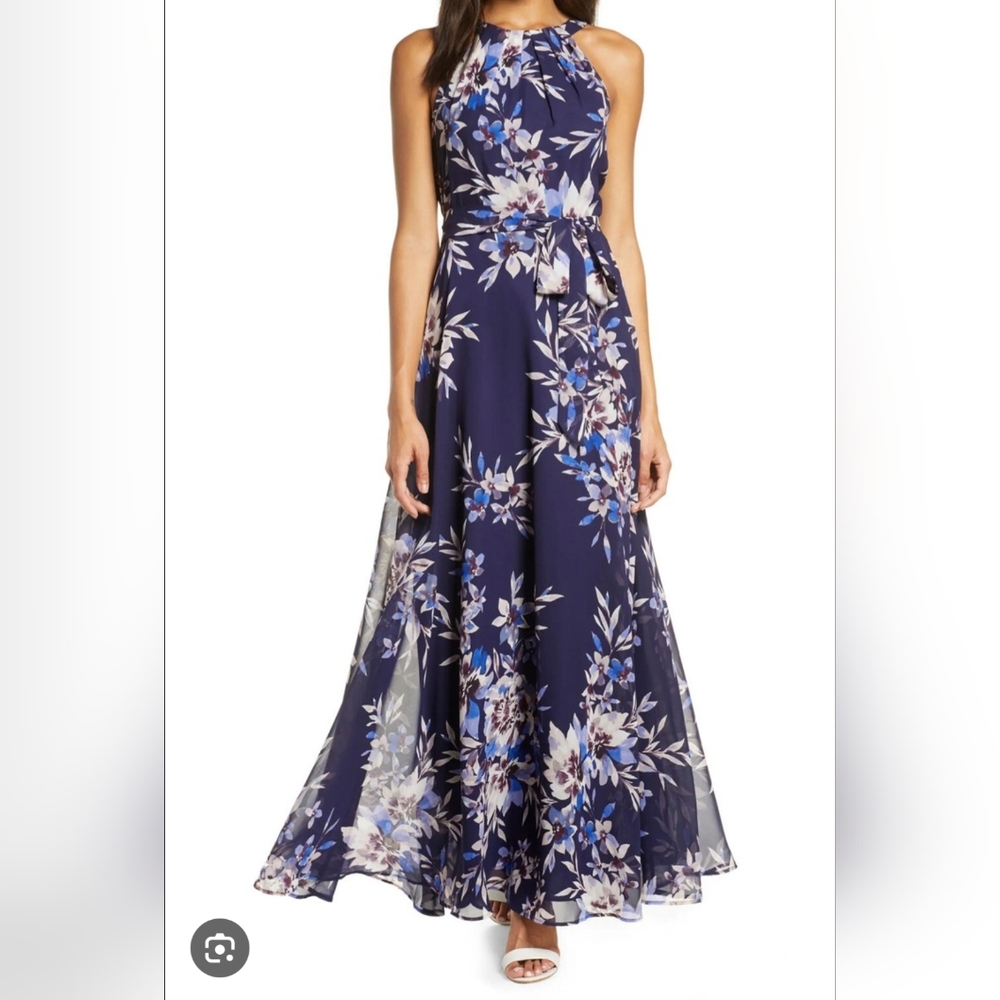 Eliza J Floral Halter Maxi Dress Women 14 Blue Sleeveless Tie Flowy Vacation